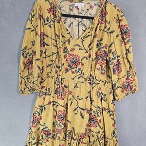Knox Rose Midi Dress Large Floral 3/4 Sleeve Vneck Tie  Boho Cottage Sheath Teir
